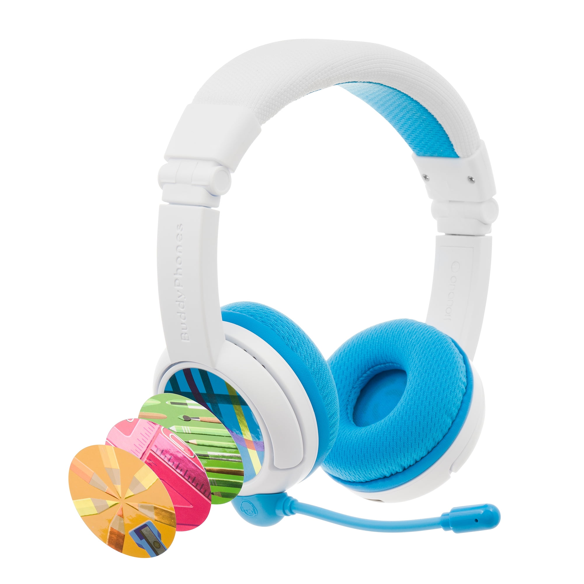 BuddyPhones School+ Wireless, On-Ear Bluetooth Foldable Kids Headphones with Detachable Boom Mic, 3 Volume Limiting Settings, Voice Enhance StudyMode, 20-Hrs Battery, Customizable Stickers, Blue