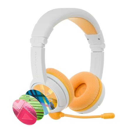 BuddyPhones School+ Wireless, On-Ear Bluetooth Foldable Kids Headphones with Detachable Boom Mic, 3 Volume Limiting Settings, Voice Enhance StudyMode, 20-Hrs Battery, Customizable Stickers, Yellow