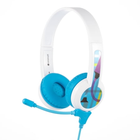 BuddyPhones StudyBuddy, On-Ear Wired 85dB Volume Limiting Educational Kids Headphones with Detachable Boom Mic, Audio Sharing Jack, Customizable Stickers, Adjustable Headband Size, Blue