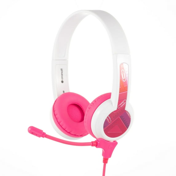 BuddyPhones StudyBuddy, On-Ear Wired 85dB Volume Limiting Educational Kids Headphones with Detachable Boom Mic, Audio Sharing Jack, Customizable Stickers, Adjustable Headband Size, Pink