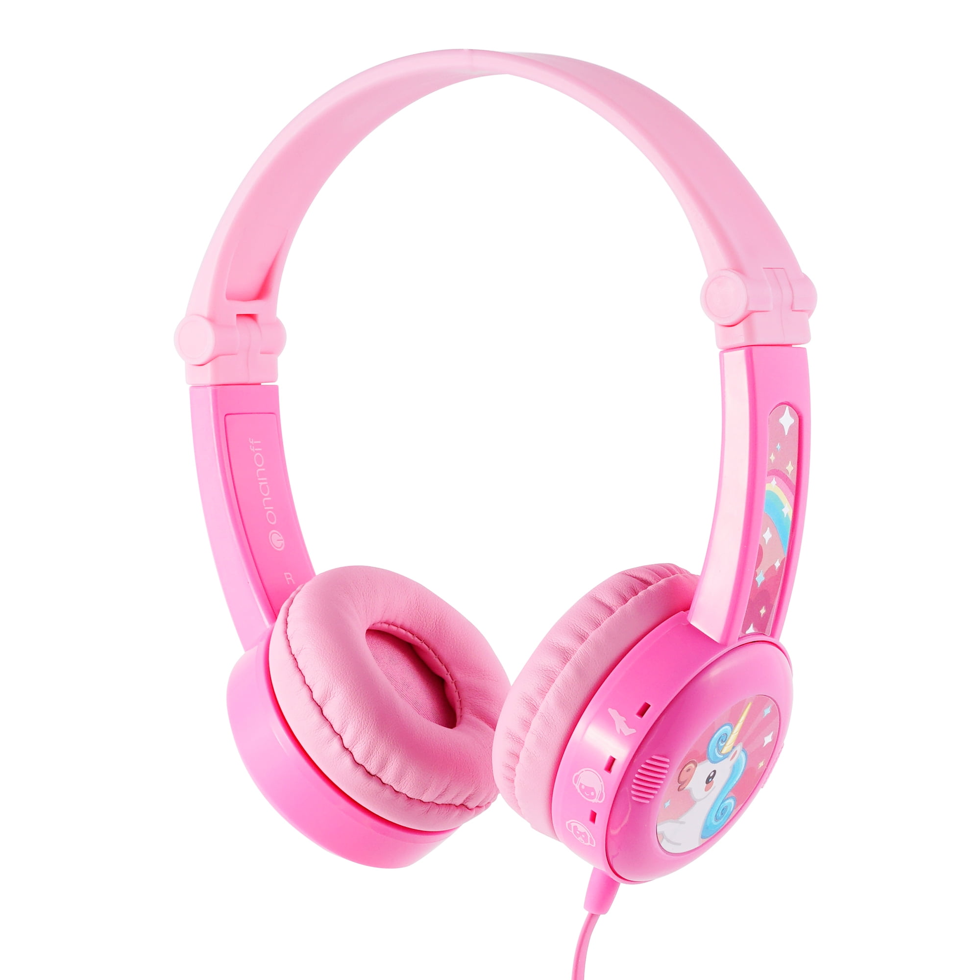 BuddyPhones Travel, On-Ear Wired Foldable Kids Headphones with Mic, 3 Volume Limiting Settings, Playback/Call Control Button, Audio Sharing Jack, Customizable Stickers, Adjustable Headband Size, Pink