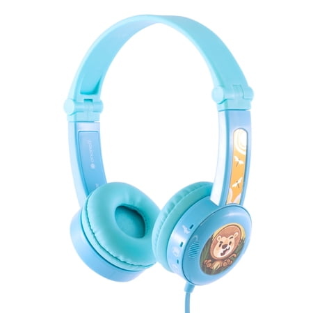 BuddyPhones Travel, On-Ear Wired Foldable Kids Headphones with Mic, 3 Volume Limiting Settings, Playback/Call Control Button, Audio Sharing Jack, Customizable Stickers, Adjustable Headband Size, Blue