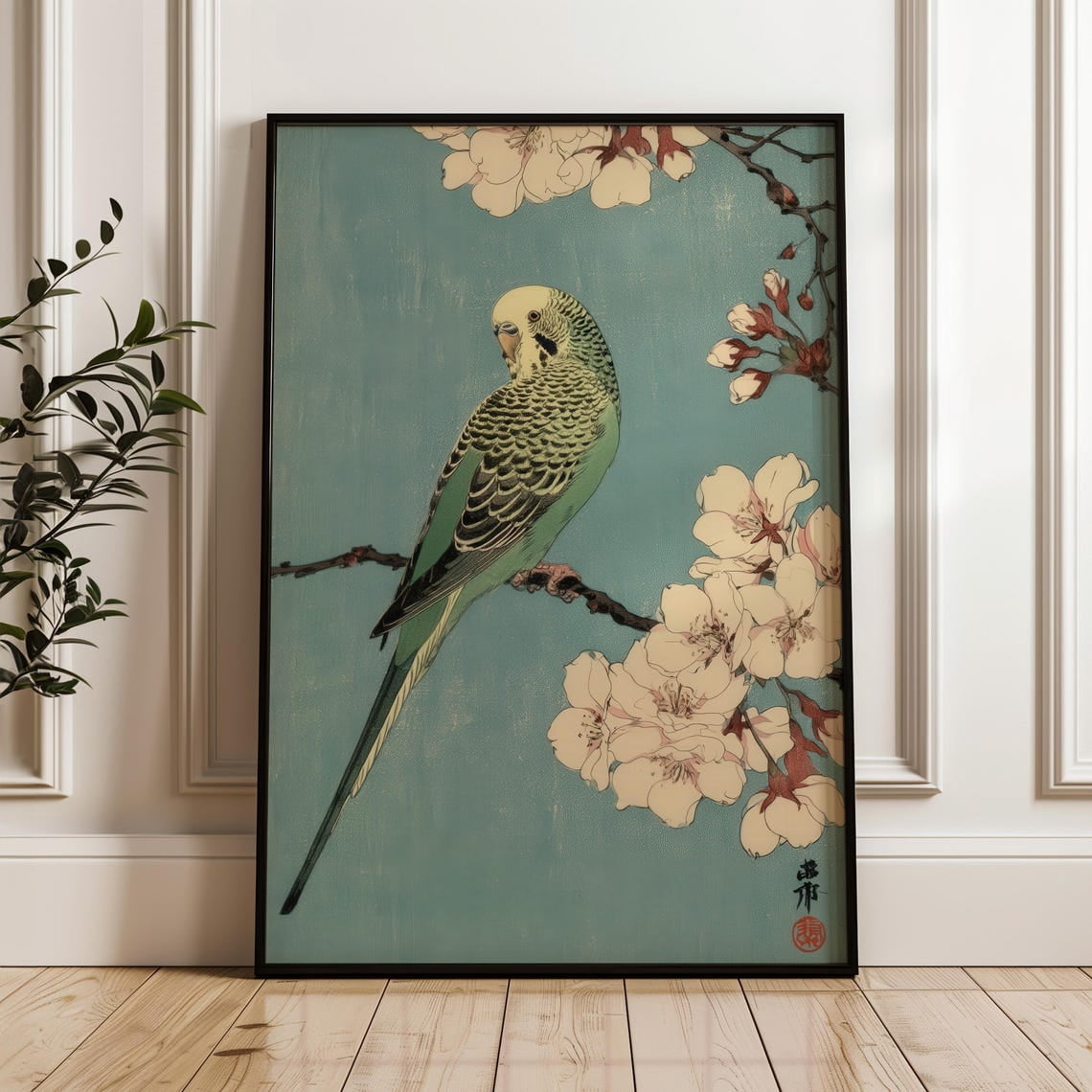 Printable Sign Photo Budgerigar Among Cherry Blossoms Wall Art Print, Japanese Woodblock ...