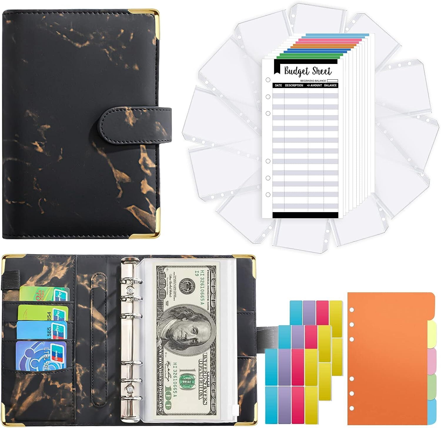 Rofawee A6 Budget Binder - Marble PU Leather Notebook Cover With Zip Pockets, Stickers, Ruler, Money Organizer
