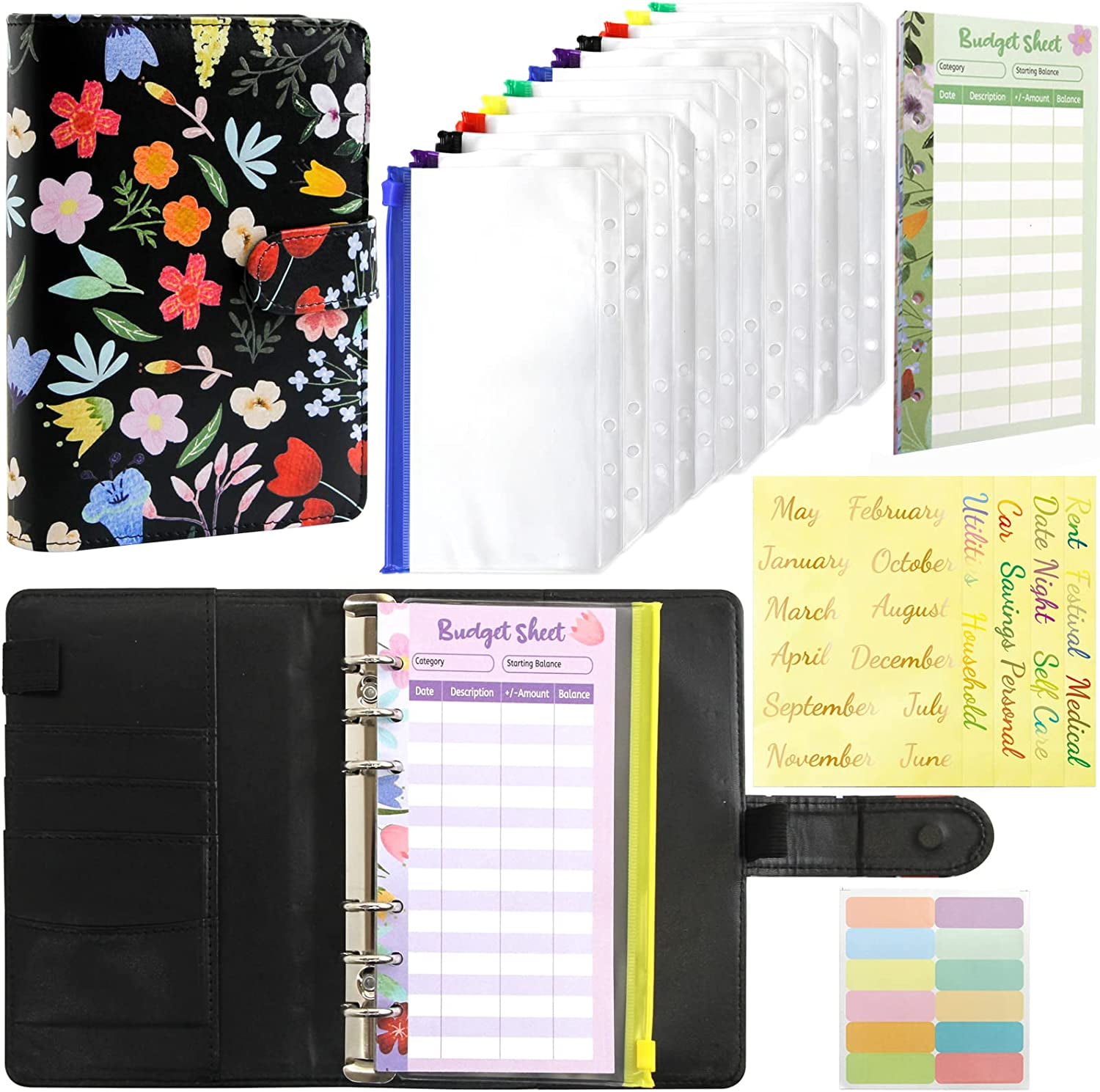 Budget Binder with Zipper Cash Envelopes Flower A6 Planner Money Saving
