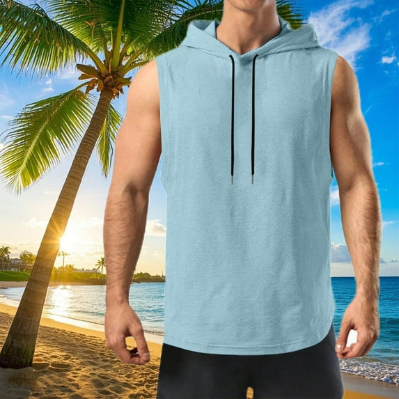 Budget-Friendly! Luxalzxs Hooded Shirts for Men Solid Color Sleeveless Drawstring Cut Off T-Shirts Summer Casual Loose Fit Breathable Gym Muscle Sweatshirts