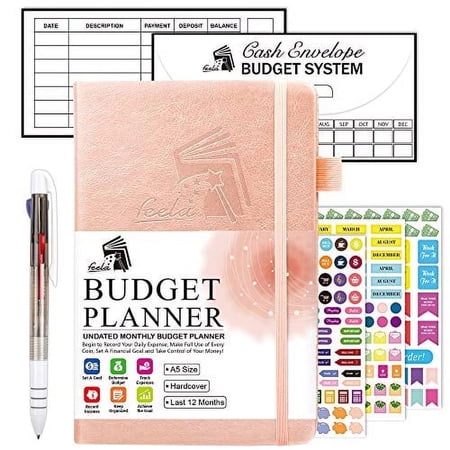 Budget Planner, 2026 Monthly Undated Bill Organizer Hardcover Financial Journal, Feela Money Expense Tracker with Budget Envelopes, Stickers, 1 Pen, User Manual, A5, Last 12 Months, Rose Gold