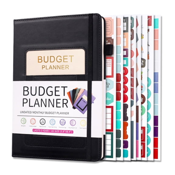 Budget Planner Notebook - Monthly Budget Book with Expense Tracker, Undated 12 Month Bill Organizer & Finance Planner for Money Management, A5(5.8" x 8.5") Account Book, Black