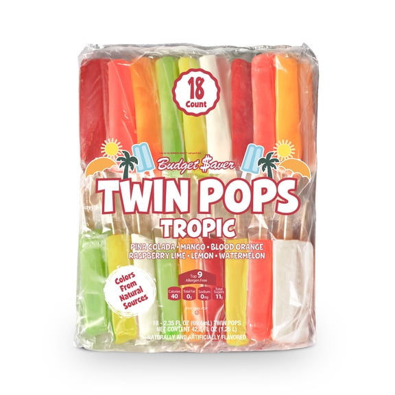 Budget Saver Twin Pops, Tropic Flavors, 18 Count, Frozen Popsicles, Watermelon, Mango and More