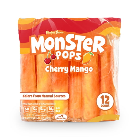 Budget Saver Monster Pops, Cherry Mango, 12 Count, Frozen Popsicles with Natural Colors