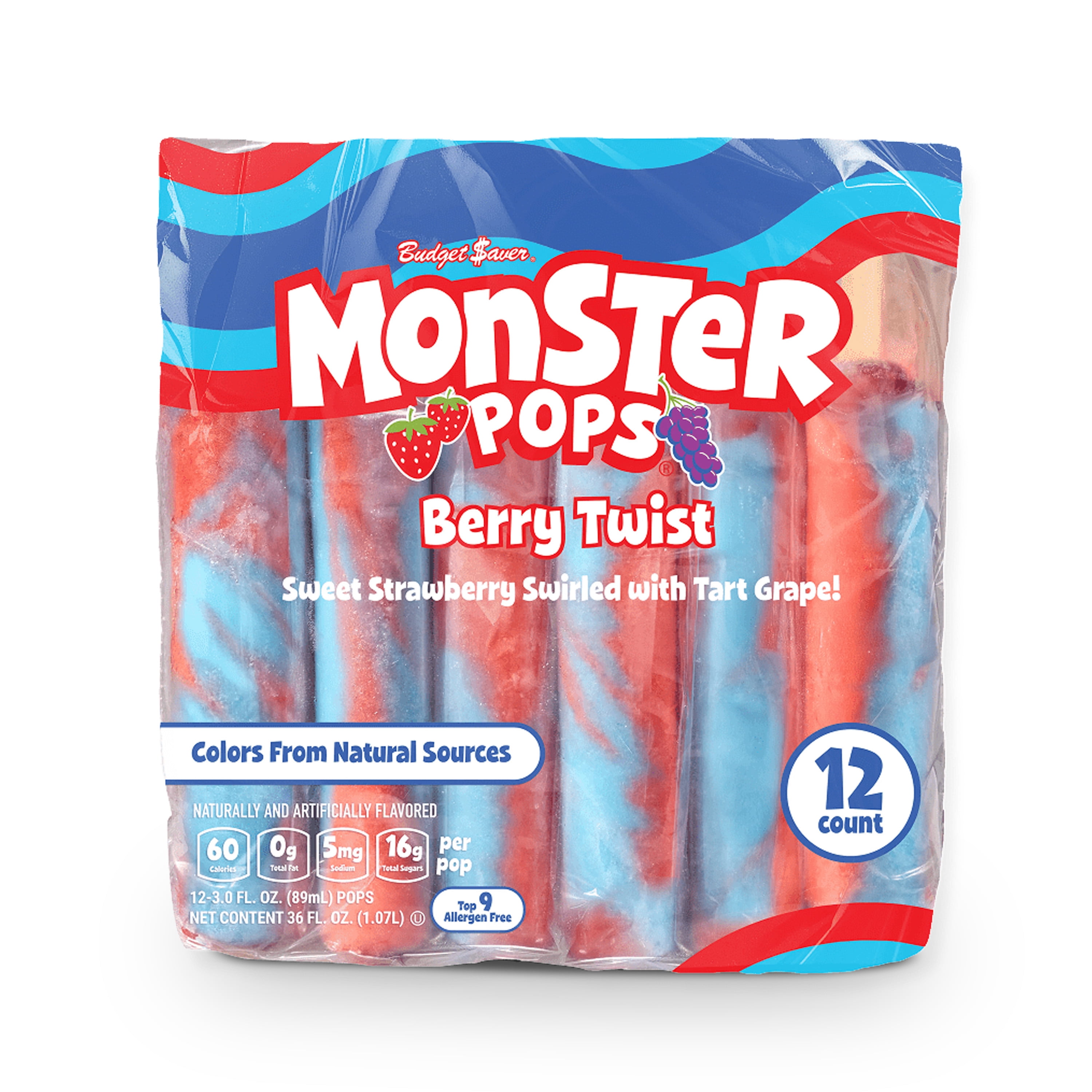 Budget Saver Monster Pops, Berry Twist, 12 Count, Frozen Popsicles with Natural Colors