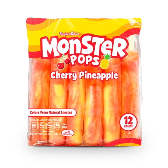 Budget Saver Monster Pops, Cherry Pineapple, 12 Count, Frozen Popsicles with Natural Colors