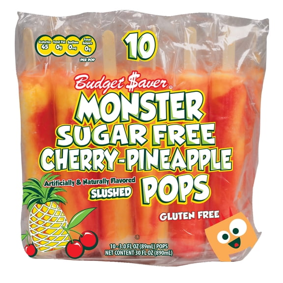Budget Saver Monster Pops, Sugar Free Cherry Pineapple, 10 Count, Frozen Popsicles