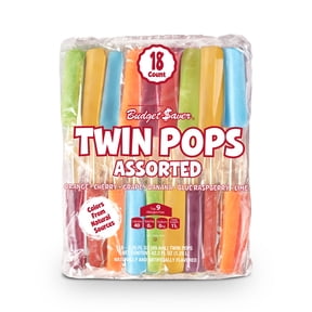 Budget Saver Twin Pops, Assorted Flavors, 18 Count, Frozen Popsicles, Cherry, Banana and More