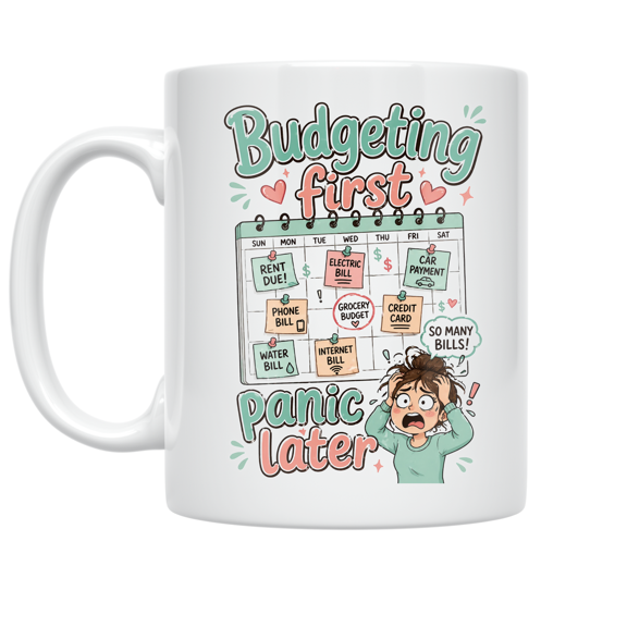Budgeting First Panic Later - Financial Humor Enthusiast - 11 oz Ceramic Coffee Mug