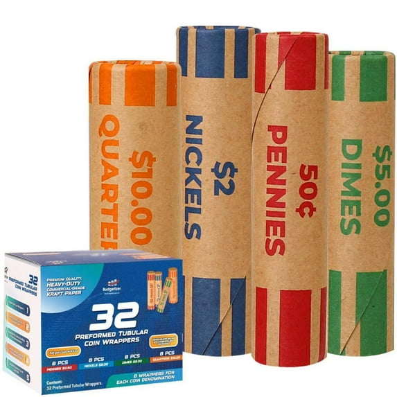 Budgetizer 32 Premium Assorted Preformed Coin Wrappers for All Coins– ABA Standard Coin Rolls Wrappers for Quarters, Pennies, Nickels and Dimes