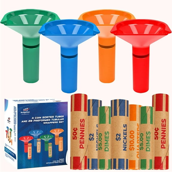 Coin Sorter Tubes and 28 Preformed Tubular Wrappers Set –4 Color Coded Coin Counters Tubes and Coin Wrappers