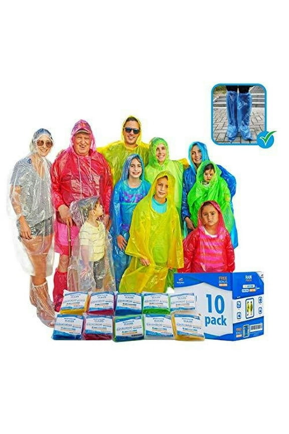 Disposable Waterproof Plastic Rain Coat with Shoe Covers 10 Pack (Unisex One Size)