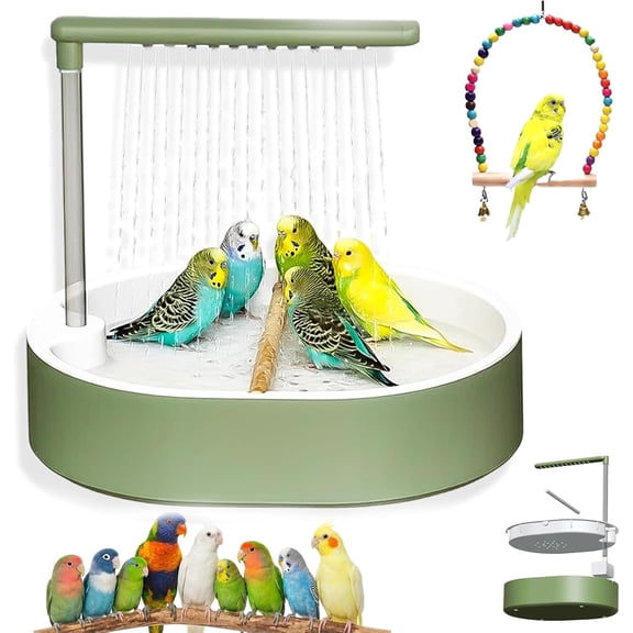 Budgie Shower Bath Fountain, Automatic Bird Bath with Pump and Adjustable Flow Valve, Indoor Parrot Shower Tub with Running Water Perch, Double-Row Pipe Non-Slip Design for Parakeet Conure (Green-B)