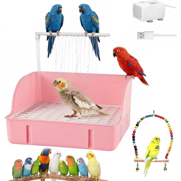 Budgie Shower Bath Fountain, Automatic Bird Bath with Pump and Adjustable Flow Valve, Indoor Parrot Shower Tub with Running Water Perch, Double-Row Pipe Non-Slip Design for Parakeet Conure (Pink)