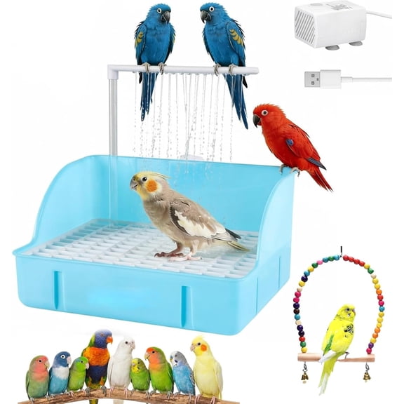 Budgie Shower Bath Fountain, Automatic Bird Bath with Pump and Adjustable Flow Valve, Indoor Parrot Shower Tub with Running Water Perch, Double-Row Pipe Non-Slip Design for Parakeet Conure (Blue)