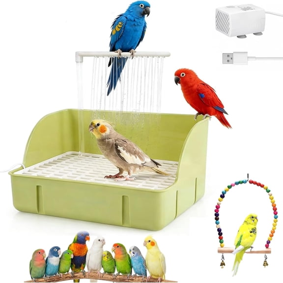 Budgie Shower Bath Fountain, Automatic Bird Bath with Pump and Adjustable Flow Valve, Indoor Parrot Shower Tub with Running Water Perch, Double-Row Pipe Non-Slip Design for Parakeet Conure (Green-C)