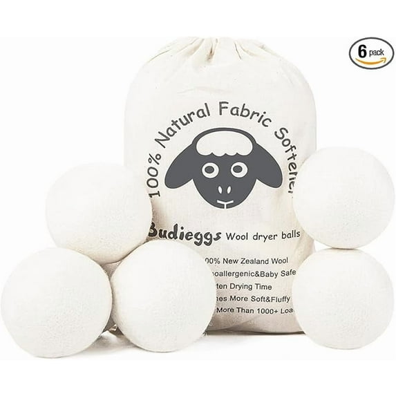 Budieggs Wool Dryer Balls Organic XL 6-Pack,Reduce Wrinkles & Shorten Drying Time Naturally