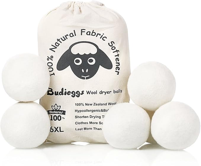 Budieggs Wool Dryer Balls Organic XL 6-Pack,Reduce Wrinkles & Shorten Drying Time Naturally