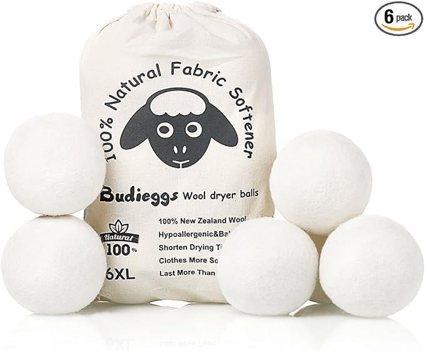 Budieggs Wool Dryer Balls Organic XL 6-Pack,  Chemical Free Fabric Softener for 1000+ Loads, Baby Safe & Hypoallergenic, Reduce Wrinkles & Shorten Drying Time Naturally
