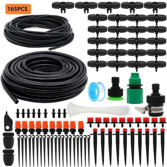 Budiwati Drip Irrigation Kits, 165pcs with 1/4 Drip Irrigation Tubing for outdoor plant, Garden Misting Plant Watering for Yard Lawn Patio Raised Bed
