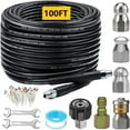 thumbnail image 1 of Budiwati Sewer Jetter Kit 100FT for Pressure Washer, 5800PSI Drain Cleaner Hose 1/4 inch NPT Corner Rotating Button Nose Sewer Jetting Nozzle Spanner, 1 of 7