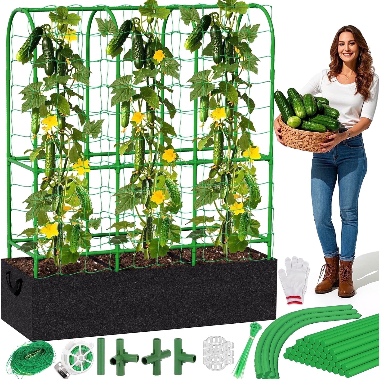 Budiwati Cucumber Trellis, Garden Tomato Cage, Adjustable Garden Trellis with 46 Gallon Grow Bags