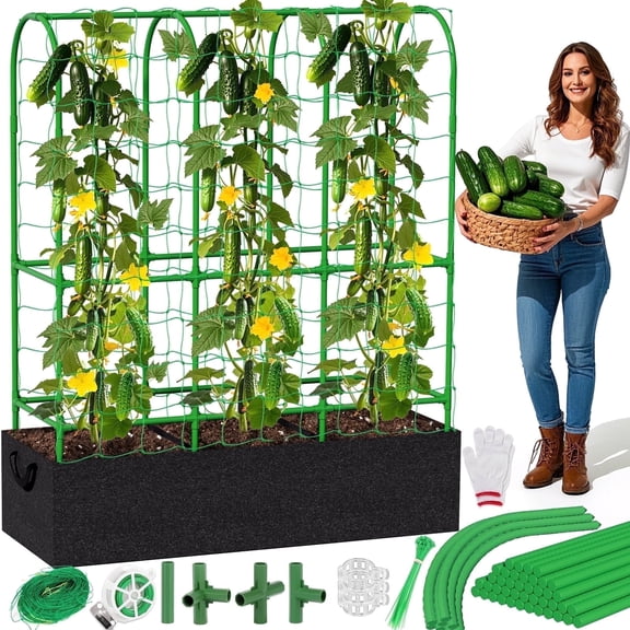 Budiwati Cucumber Trellis, Garden Tomato Cage, Adjustable Garden Trellis with 46 Gallon Grow Bags