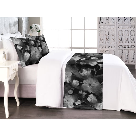 Buds Pattern Bed Runner Set, Dreamy Silhouettes of Melancholic Floral Design Gothic Colors Art, Decorative Bedding Scarf & 2 Pillow Shams for Hotels Homes, Queen, Charcoal Grey Pale Grey, by Ambesonne