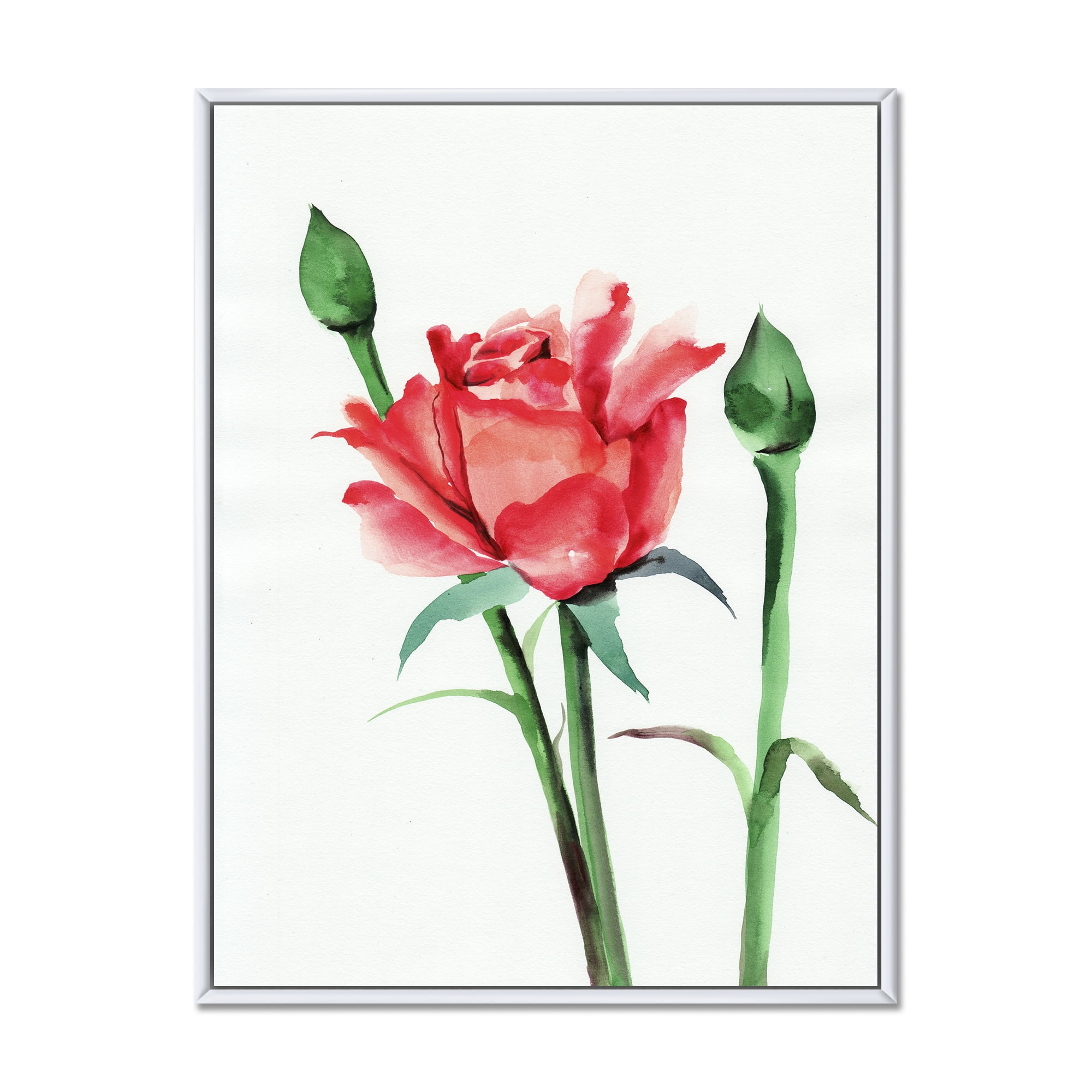 Buds With Red Rose 24 in x 32 in Framed Painting Canvas Art Print, by Designart