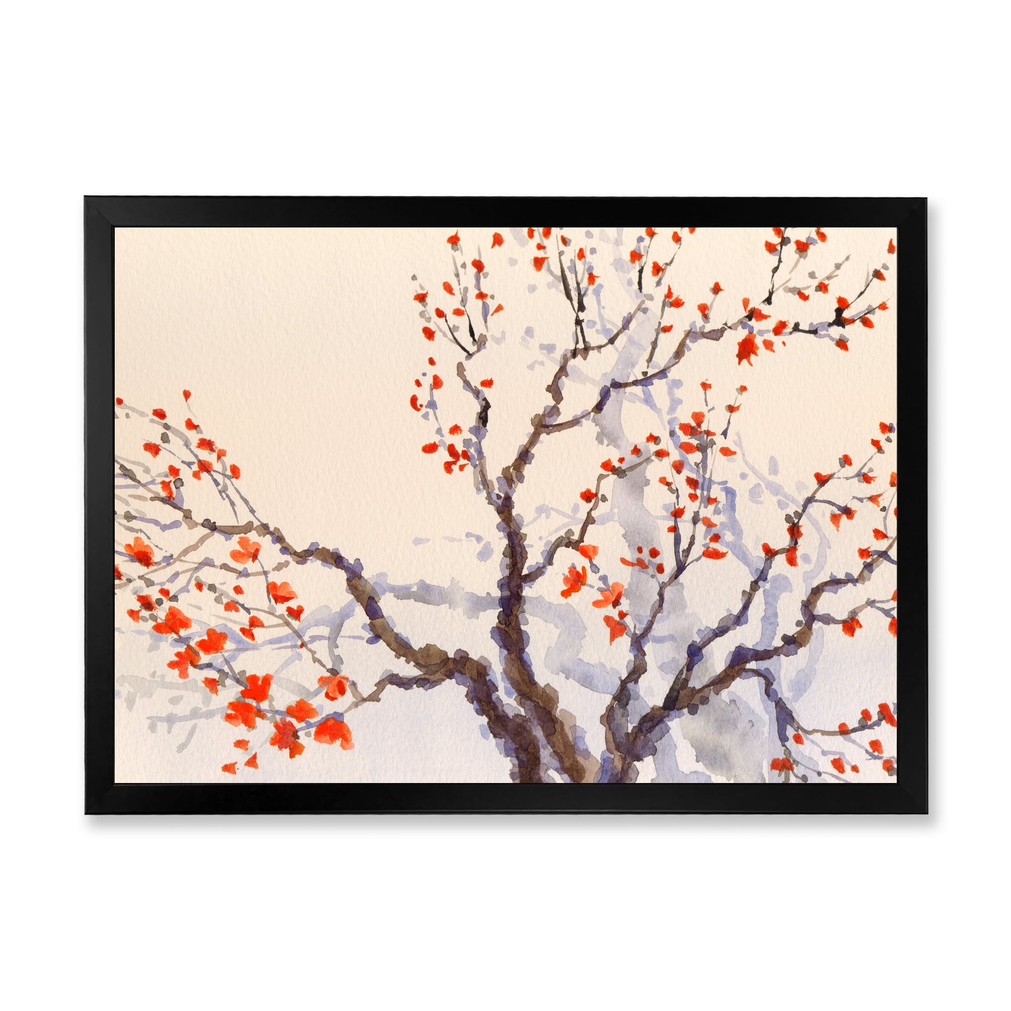 Buds and Red Flowers On The Spring Blossoming Tree 20 in x 12 in Framed Painting Canvas Art Print, by Designart