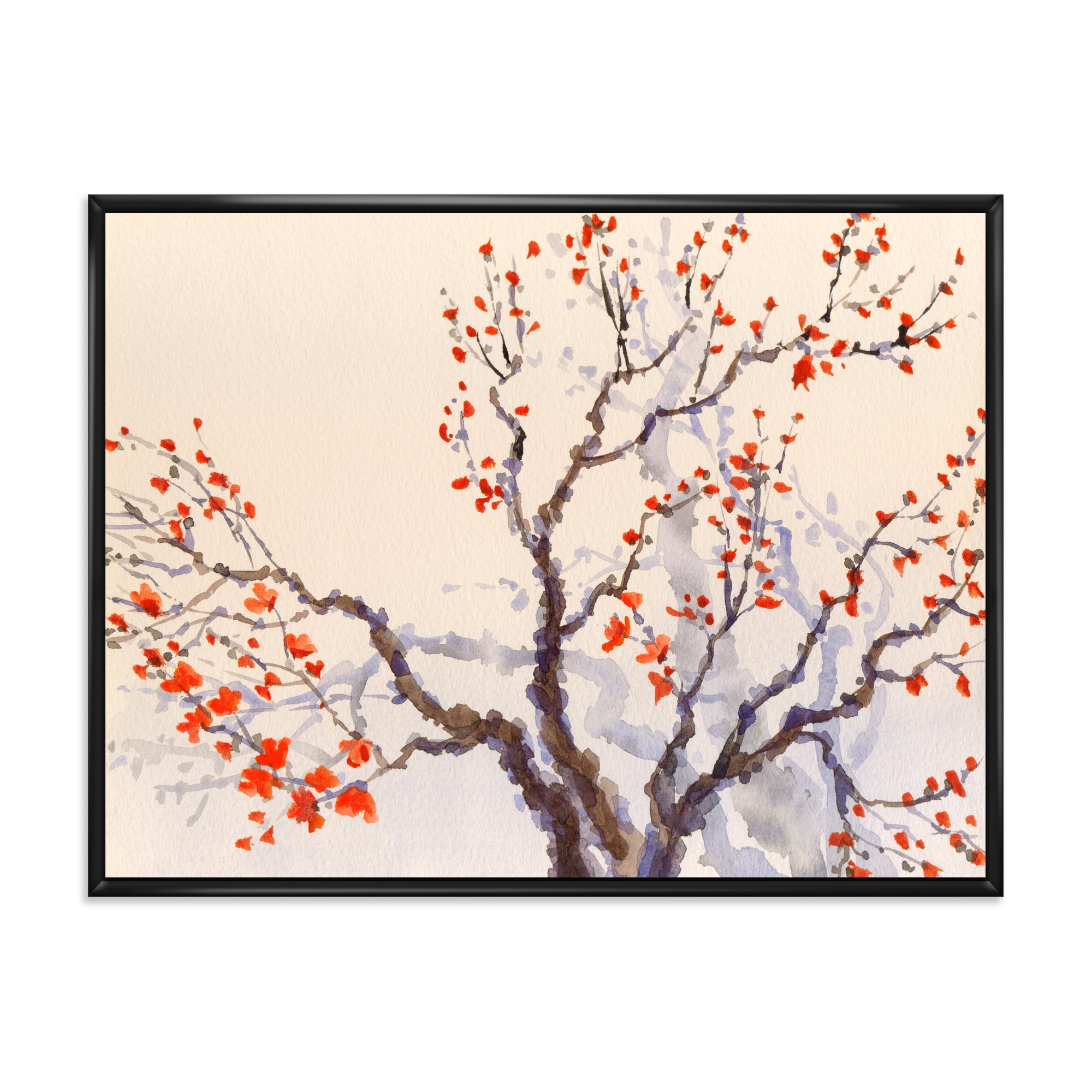 Buds and Red Flowers On The Spring Blossoming Tree 20 in x 12 in Framed Painting Canvas Art Print, by Designart