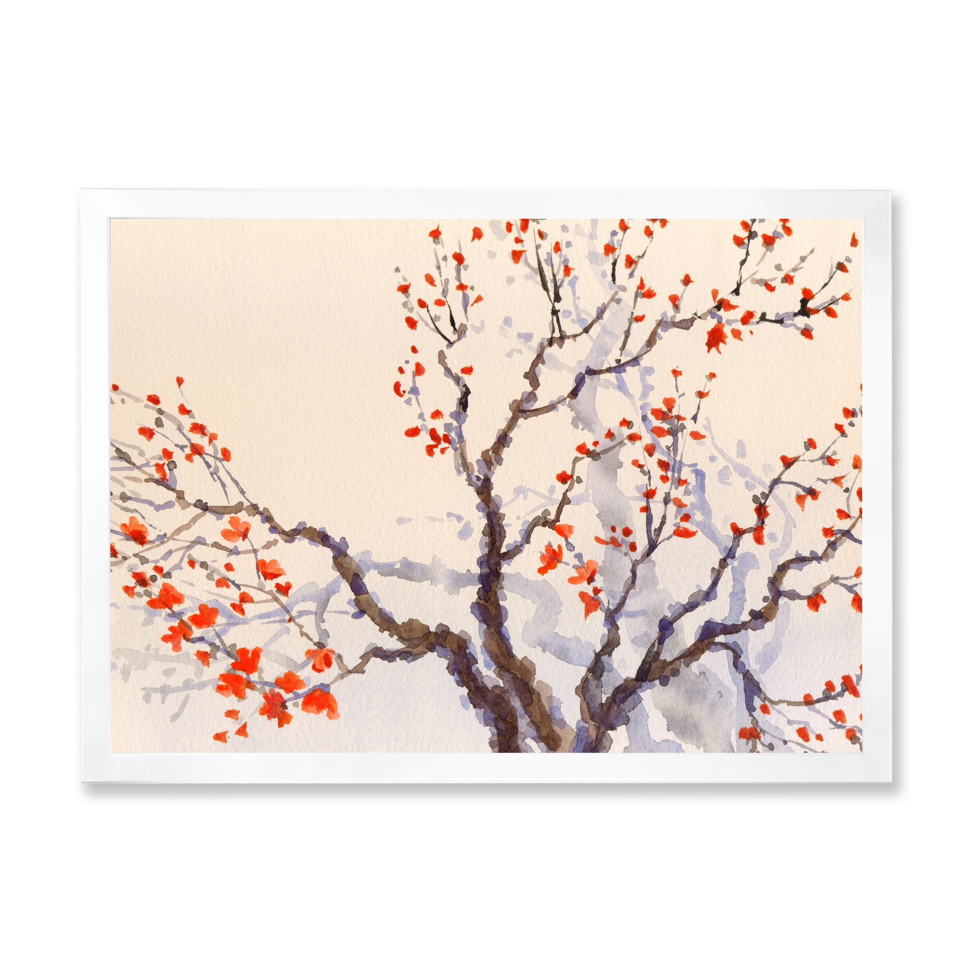 Buds and Red Flowers On The Spring Blossoming Tree 32 in x 16 in Framed Painting Canvas Art Print, by Designart
