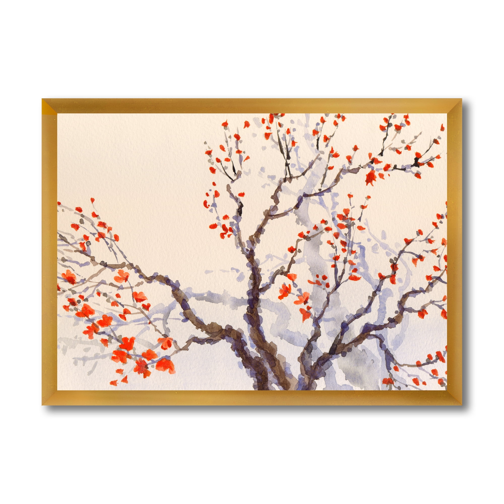 Buds and Red Flowers On The Spring Blossoming Tree 32 in x 16 in Framed Painting Canvas Art Print, by Designart