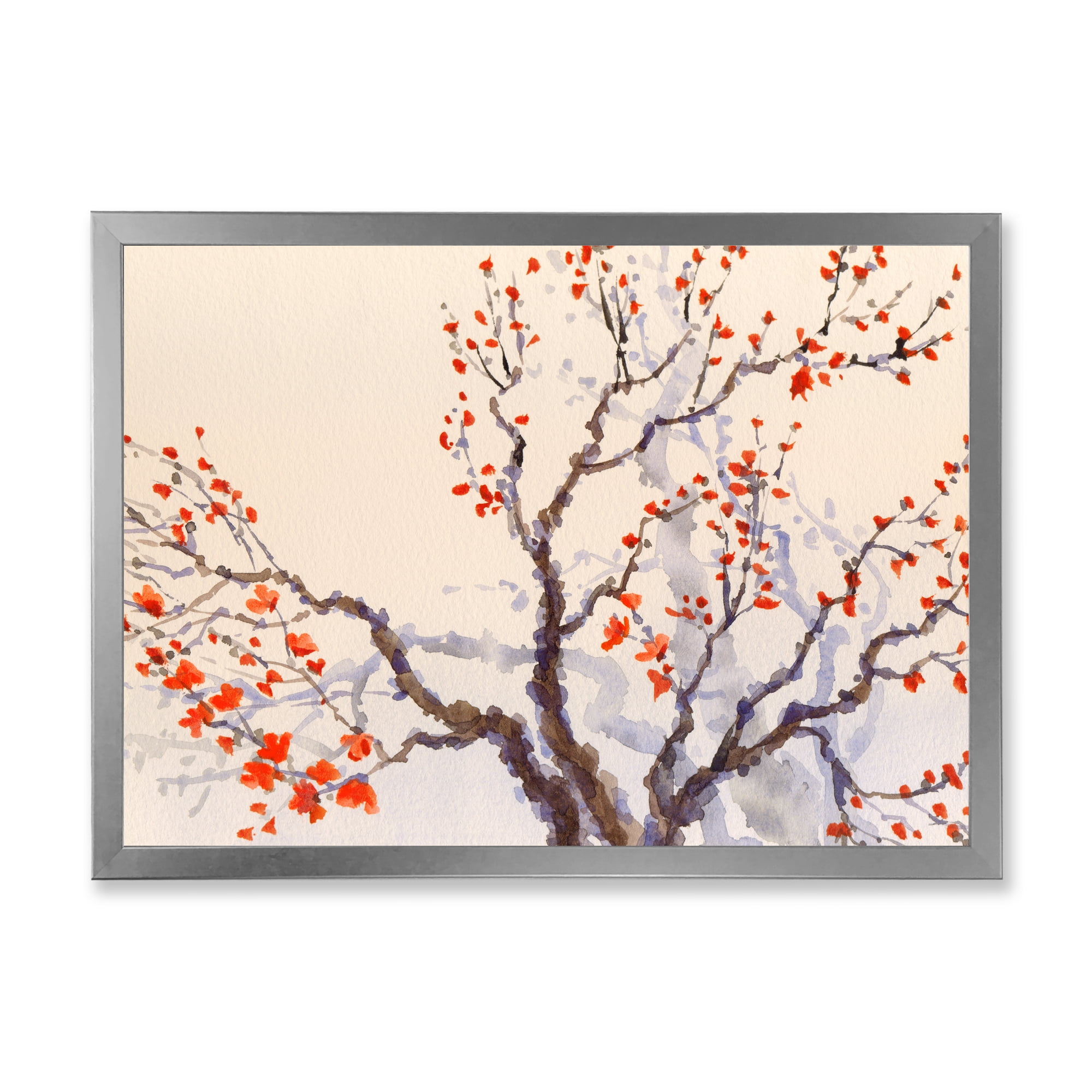 Buds and Red Flowers On The Spring Blossoming Tree 32 in x 24 in Framed Painting Canvas Art Print, by Designart