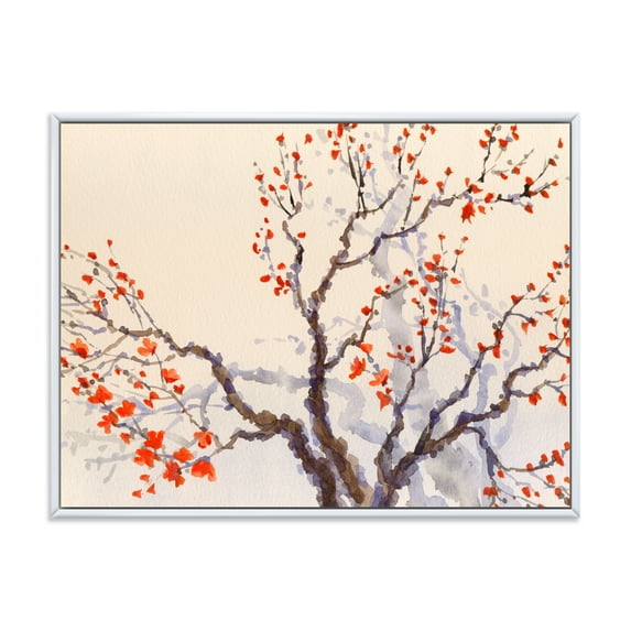 Buds and Red Flowers On The Spring Blossoming Tree 32 in x 24 in Framed Painting Canvas Art Print, by Designart