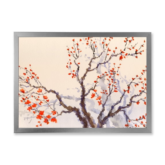 Buds and Red Flowers On The Spring Blossoming Tree 40 in x 30 in Framed Painting Canvas Art Print, by Designart