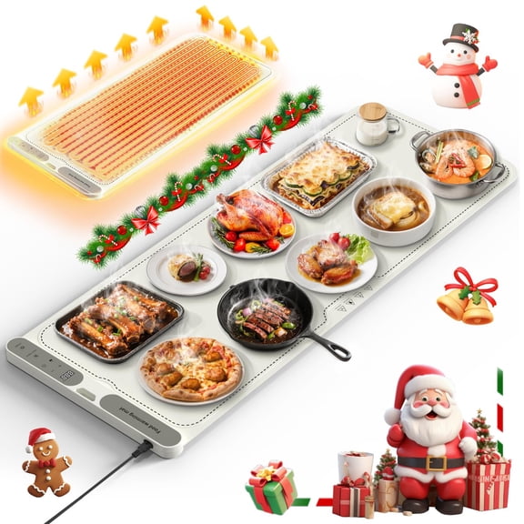 Budsom Food Warming Mat - 8s Fast Heating Electric Warming Tray with 7-Level Temperature & 8-Hour Timer, Roll-Up Portable Food Warmer for Home Dinner, Party, Travel, Outdoor Picnic Y101