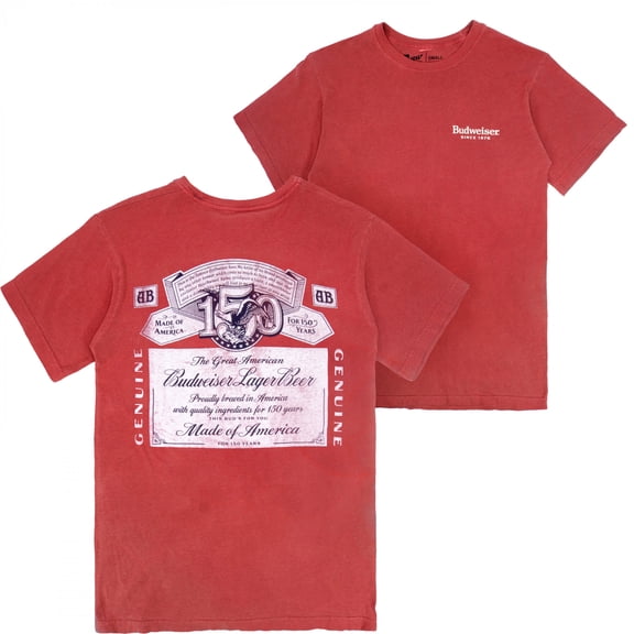 Budweiser 150 Years Label Red Premium Mineral Wash Front  and  Back Print T-Shirt-Medium