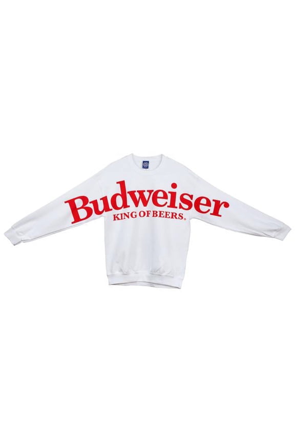 837479-medium King of Beers Arm to Arm Full Spread Print Crew Mens Sweatshirt, White - Medium