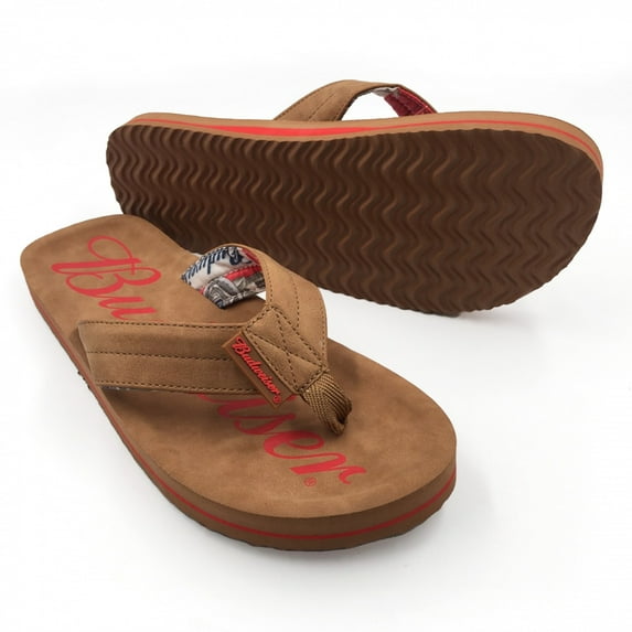 Budweiser 854008-size11-12 Script Logo Mens Flip Flop Sandals, Brown -Size 11-12