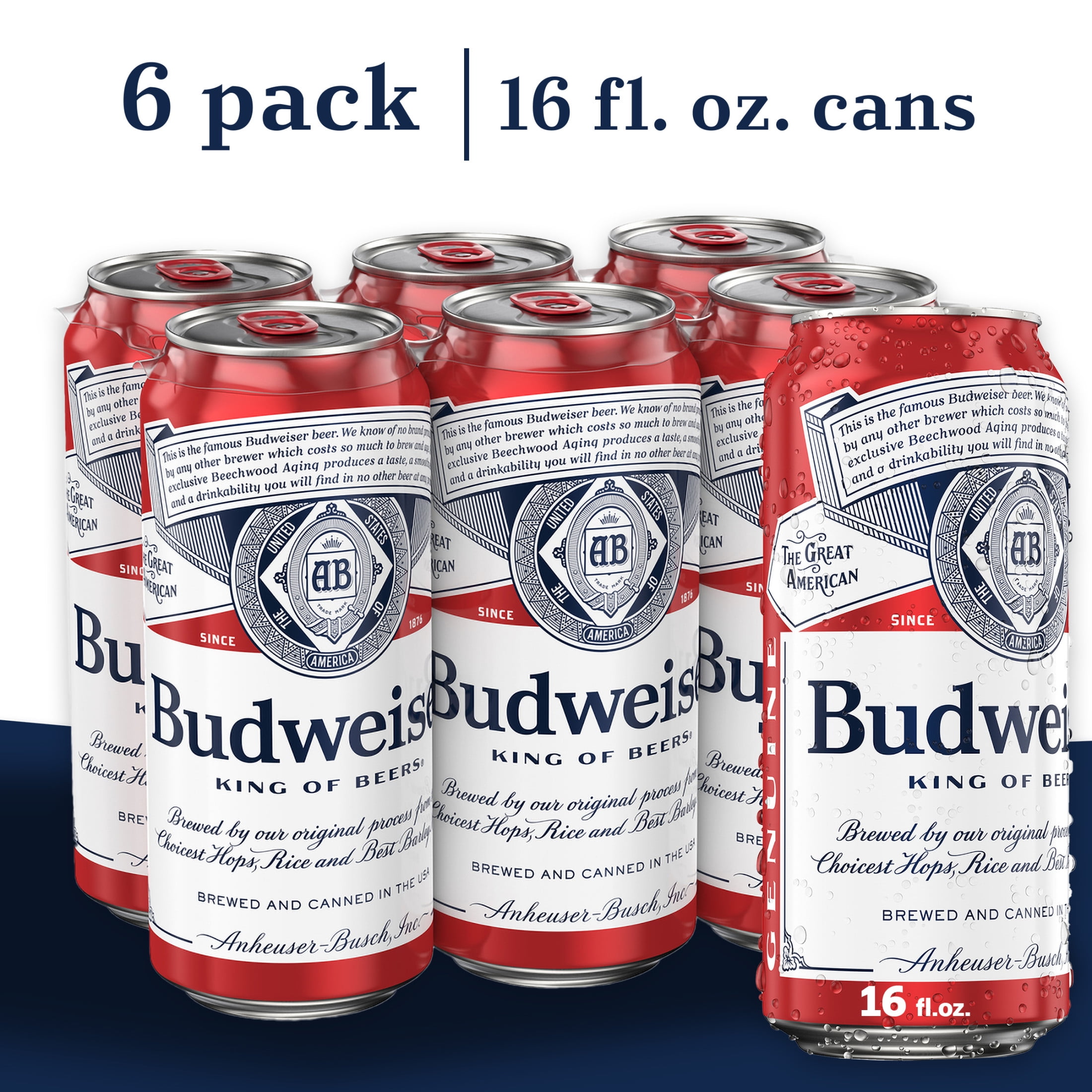 Budweiser American Lager Beer, 6 Pack, 16 fl oz Aluminum Cans, 5% ABV ...