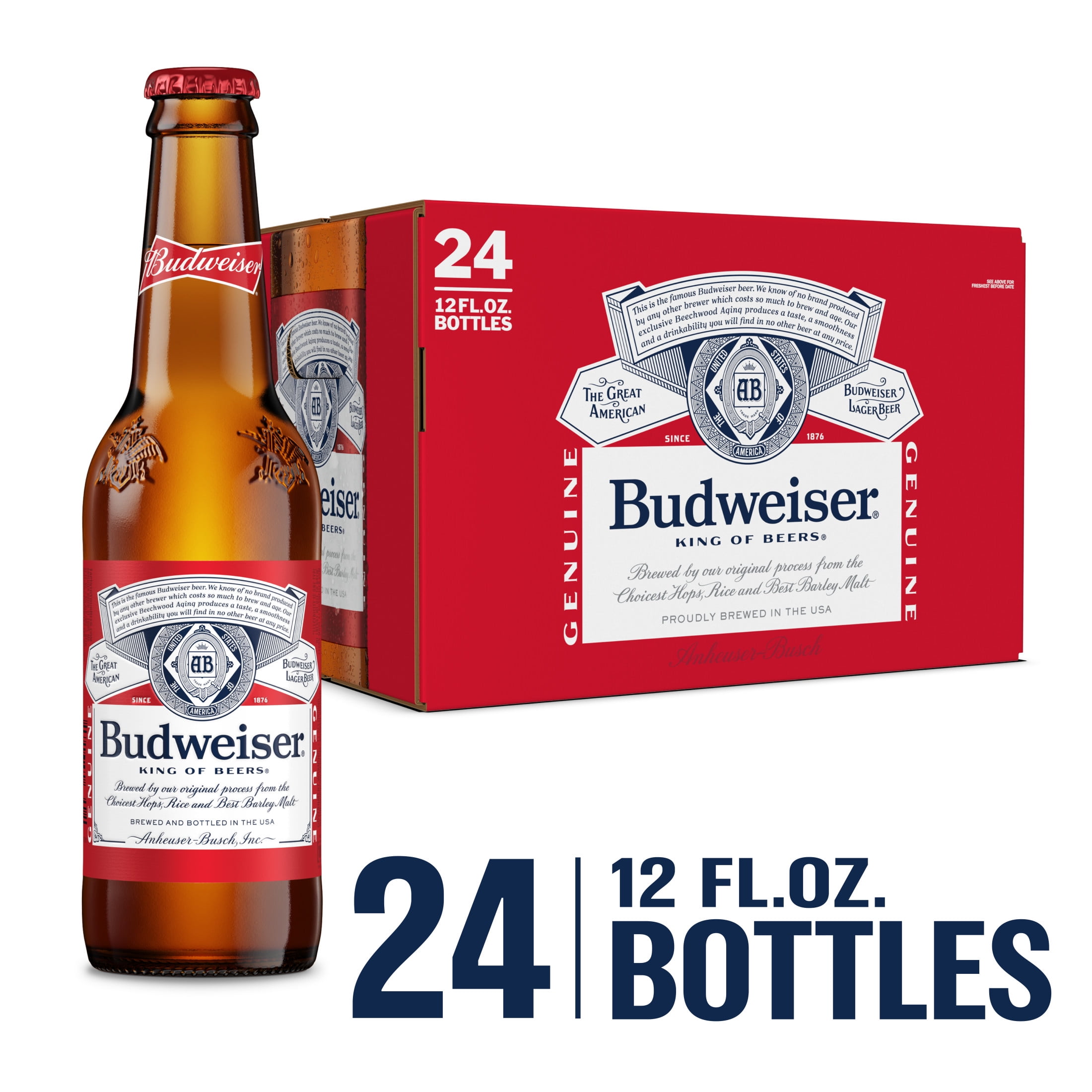 Budweiser Beer, 24 Pack Beer, 12 fl oz Glass Bottles, 5% ABV