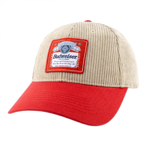 Budweiser Beer Label Patch on Brown Snapback Hat with Red Bill