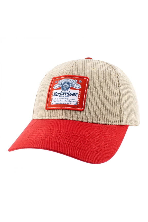 Beer Label Patch on Brown Snapback Hat with Red Bill